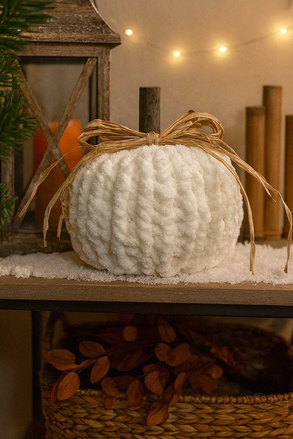 Hand-Knit cream pumpkin placed on a shelf with a warm, cozy background.