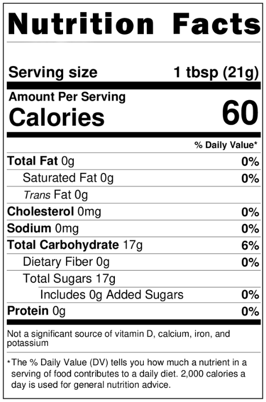 Raw Honey Nutritional Label - no size